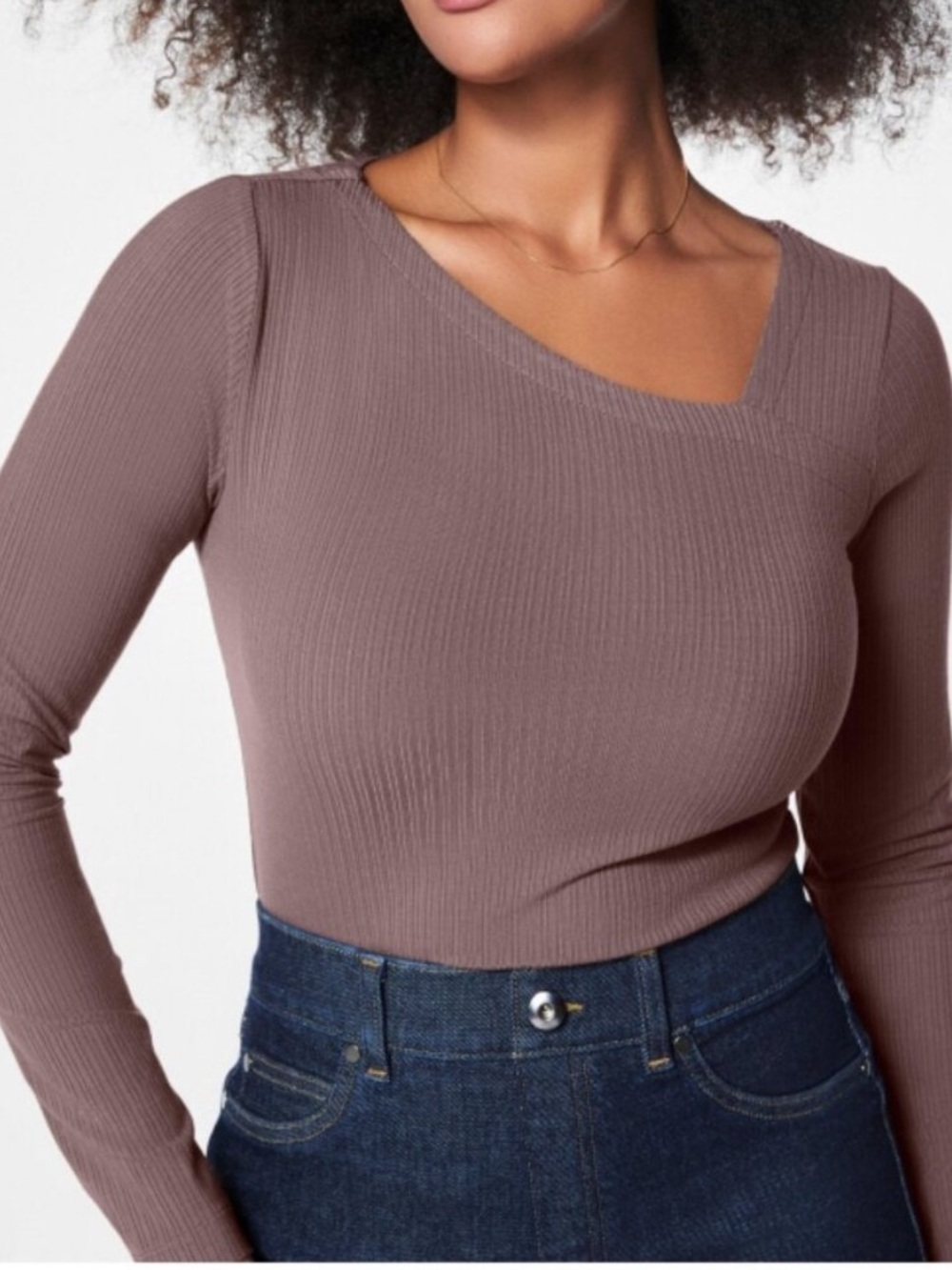 SPANX Ribbed Asymmetric Neck Long-Sleeve Top - Taupe Size Medium